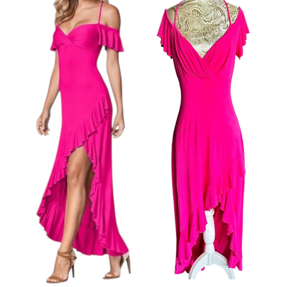 VENUS Sexy Stretch Hot Pink High-Low Summer Vacation Ruffle Dress Size Medium - Picture 2 of 7
